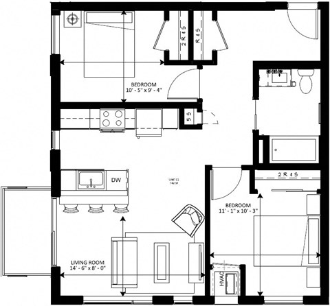 Floor plan for 2 beds, 1 bath, 742 sqft